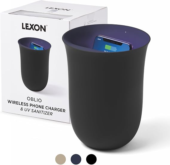 Lexon OBLIO QI Wireless Charger and Phone Sanitizer, UV Disinfection Light and Fast Charging Station 10W, Black