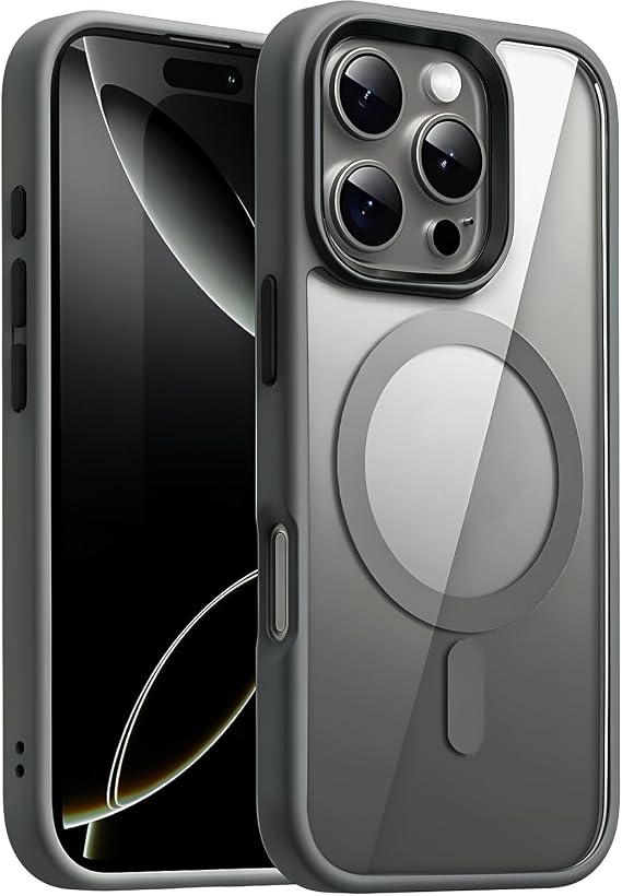 Minesk iPhone 15 Pro için SUPER-CRYSTAL Magsafe ile Uyumlu Kılıf Arkası Kristal Berraklığında Cam Görünüm Kenarları Darbe Emici Silikon Hybrid Kılıf (Titanyum Gri, 15 Pro)