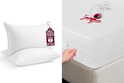 LUX Decor Mattress Encasement  Bed Pillows Set of 2 Waterproof 6-Sided Mattress Protector with Hotel Collection Down Alternative Pillows Soft, Breathable, Noiseless Bedding Bundle