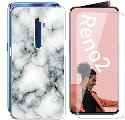 Oppo Reno 2F Case  Tempered Glass Screen Protector - HHUAN Flexible Soft Transparent TPU Marble Shell Silicone Gel Protective Case Bumper Cover for Oppo Reno 2F 6.53