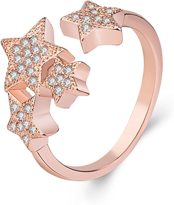 Silver Gold Plated Cubic Zirconia Filled Wedding Engagement Open Band Star Adjustable Ring for Women