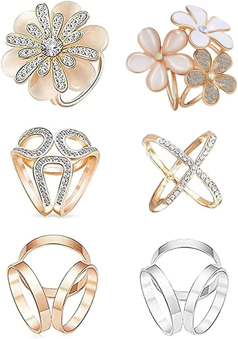 6pcs Women's Flower Faux Pearl Crystal Rhinestone Scarf Ring Buckle Clip