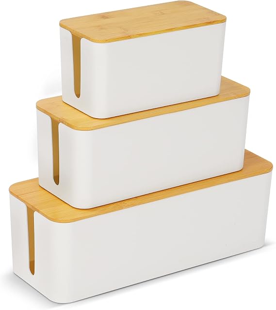 Cable Tidy Box, 3 Larger Cables Organised Box, Cable Storage Box with Bamboo Lid for Hiding Messy Cables Wire Management 16"x 6.2"x 5.4" and 12.6"x 5.3"x 5.1" and 9.2"x 4.7"x 4.7"