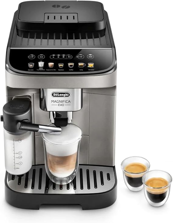 De'Longhi Magnifica Evo ECAM290.83.TB, Fully Automatic Coffee Machine with Milk Frother, Compact Size Bean to Cup Machine, LatteCrema Hot System, 7 Recipes, Soft Touch Colored Display, Black