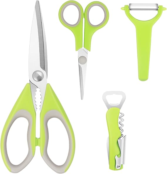 Kitchen Scissors, Stainless Steel Blades, Kitchen Gadgets and Accessories Set, Scissors, Y-Shaped Rotary Peeler, Bottle Opener, Set of 4