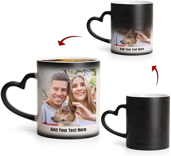 Personalized Color Changing Coffee Mug 10 oz - Heart Handle with Photos & Text on Both Sides, Unique Gift for Birthday Valentine Friends Lover