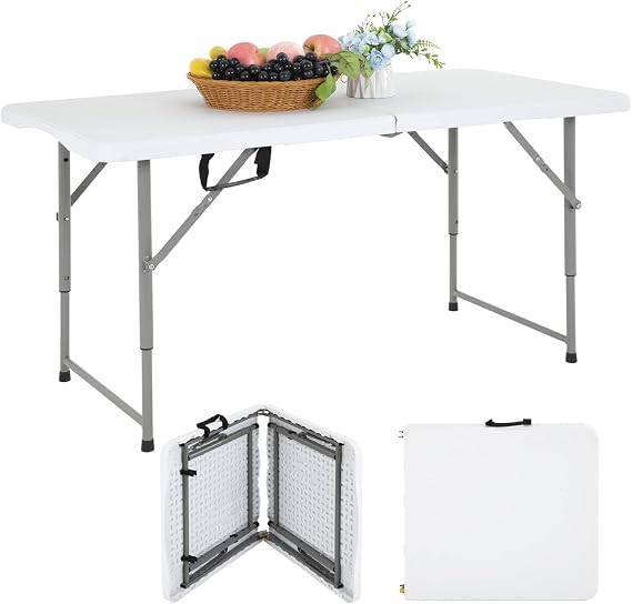 Folding Table, 4 FT Plastic Folding Table with Carrying Handle,Picnic Table Fold-in-Half Utility Foldable Table,Camping Table for Indoor or Outdoor Use,Party,Wedding,White