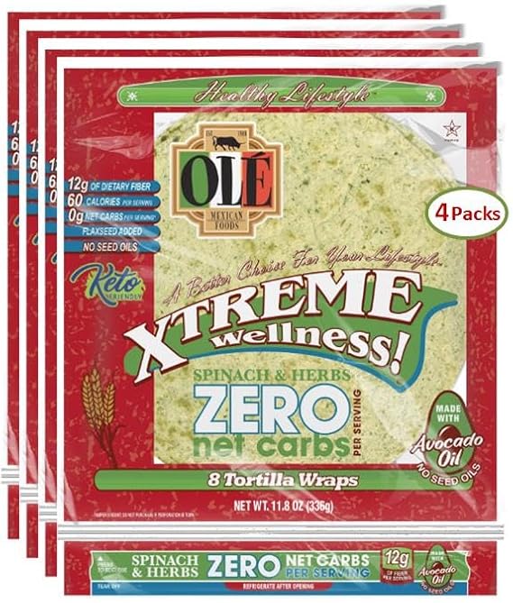 Ole Xtreme Wellness ZERO Net Carbs Spinach Herb Tortilla Four Pack, 8 in., 8 ct. per pack (32 Tortilla Wraps) Low Carb Keto Friendly Tortillas