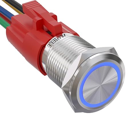 APIELE 16mm Latching Push Button Switch 12V DC On Off Stainless Steel with LED Angel Eye Head for 0.63" Mounting Hole with Wire Socket Plug Self-Locking(Blue)