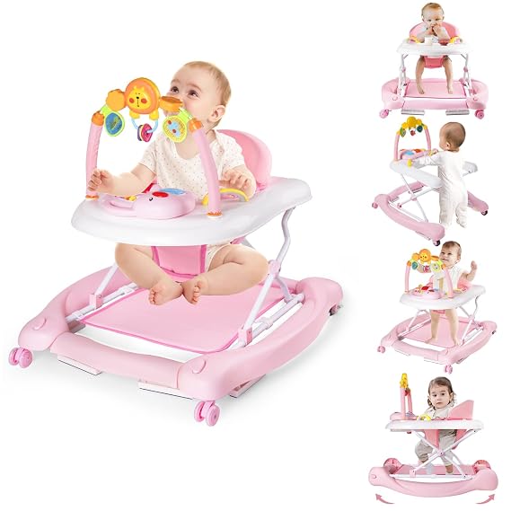 Boyro Baby Baby Walker, 5-in-1 Pink Baby Walkers for Boys and Girls 6-12 Months with Bouncer, Removable Footrest, Feeding Tray & Music, Foldable & Adjustable Walker for 6-18 Months Toddler Infant