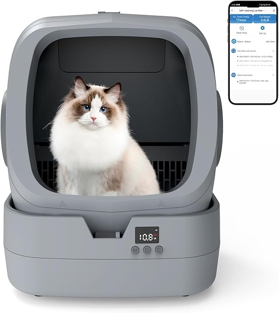 UPFAS Automatic Cat Litter Box Self Cleaning - APP Control - Weight Monitoring - Ultra-Quiet, Medium Cats and Kittens Litter Box, Safe Anti-PinchAssembly Required- Grey