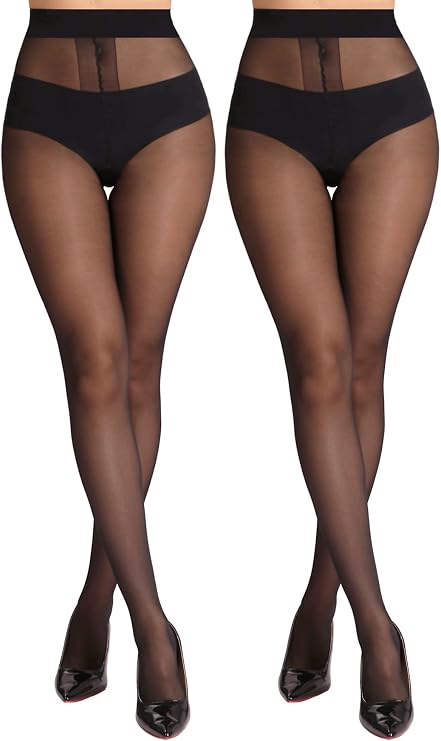 MERYLURE 20D Sheer Black Tights for Women, T-Crotch Ultra Thin Pantyhose High Waist Stockings Reinforced Toes 2 Pairs