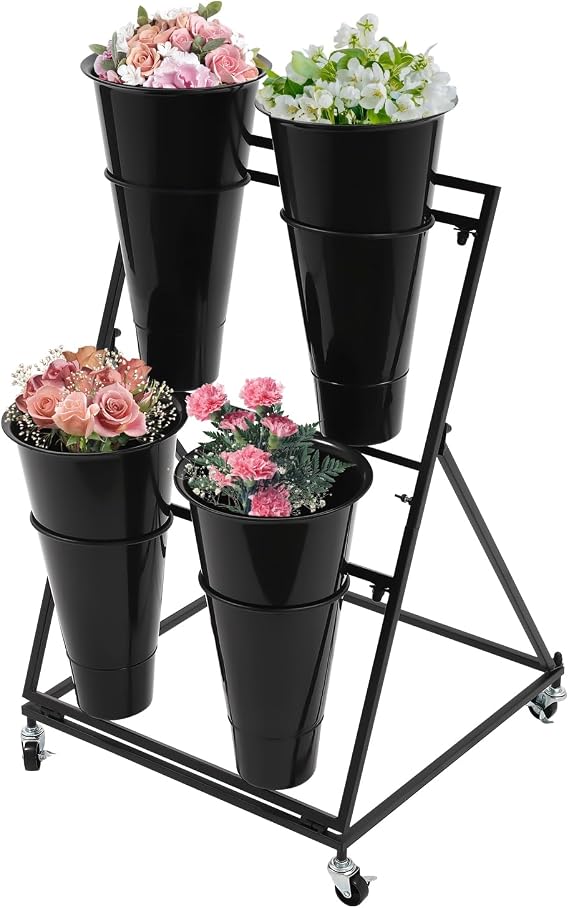 Flower Display Stand with Wheels, 3-Layer, 12 Black Buckets (20cm/7.8in Diameter, 35cm/13.7in Height)