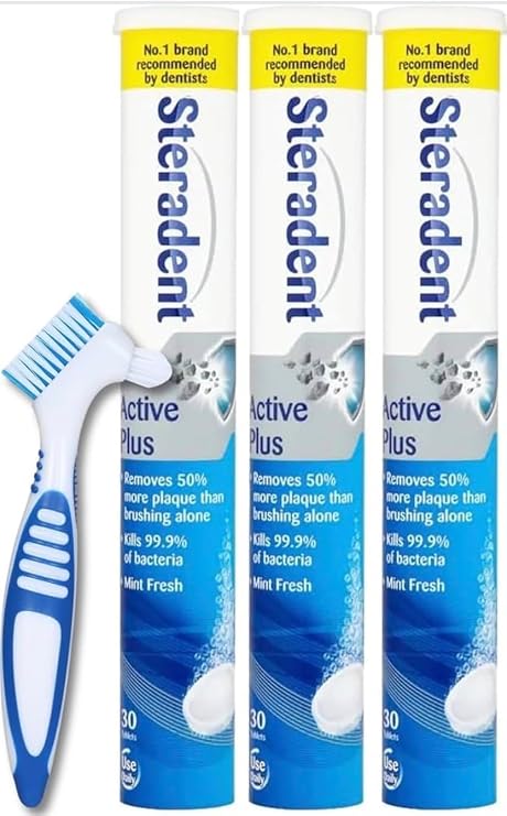 Blue Active Plus Three Packs of 30 Denture Tablets with KYNZA Denture Brush | 3 Month Supply - 90 Tablets | Daily Denture Cleaning Set for False Teeth & Oral Appliances | Stain Removal