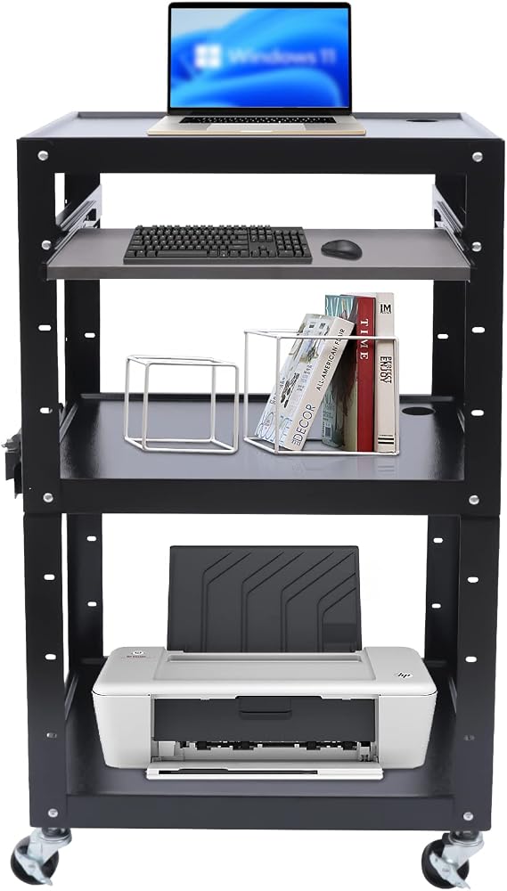 AV Cart on Wheels, Height Adjustable Top Shelf & Pullout Keyboard Tray, Cold-Rolled Steel Rolling Standing Desk Stand Up Desk, Media Cart for Video Projector, TV, Laptop Computers