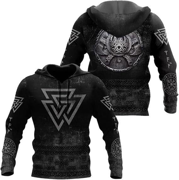 Norse Vintage Valknut 3D Tattoo Hoodie, Viking Warrior Vegvisir Zip Sweatshirt Casual Pullover Streetwear Tracksuit,Pullover,XXL