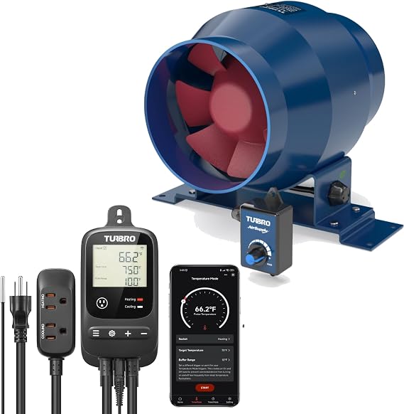 TURBRO 4 Inch Inline Duct Fan with Smart Temperature Controller Kit | WiFi-Enabled Thermostat with Timer and Temperature Monitoring, Variable Speed Controlled for Grow Tent and Ventilation