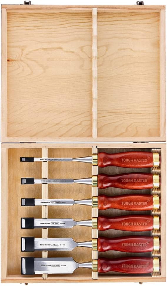 TOUGH MASTER Wood Chisel Set, 6 Piece Professional Wood Carving Set, ¼” 6mm, 3/8” 10mm, ½” 13mm, ¾” 19mm, 1” 25mm, 1 ¼” 32mm with Ash-Wood Handle and Wooden Box