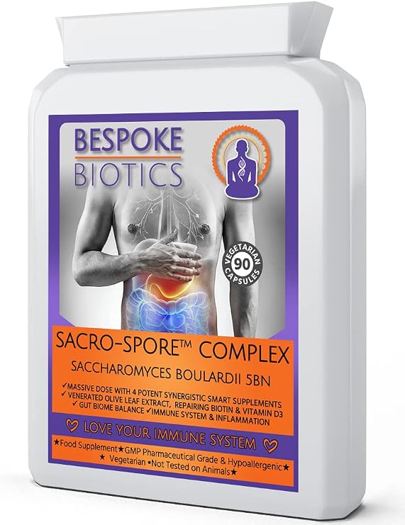 Saccharomyces Boulardii | Sacro-Spore |Safe Protecting Colonising Spore Yeast | Digestive Biome Supplment Leaky Gut| Acne| Candida|UTI| Powerful 5 Billion cfu Vitamin B7+Olive Leaf | UK Made 90 Caps'