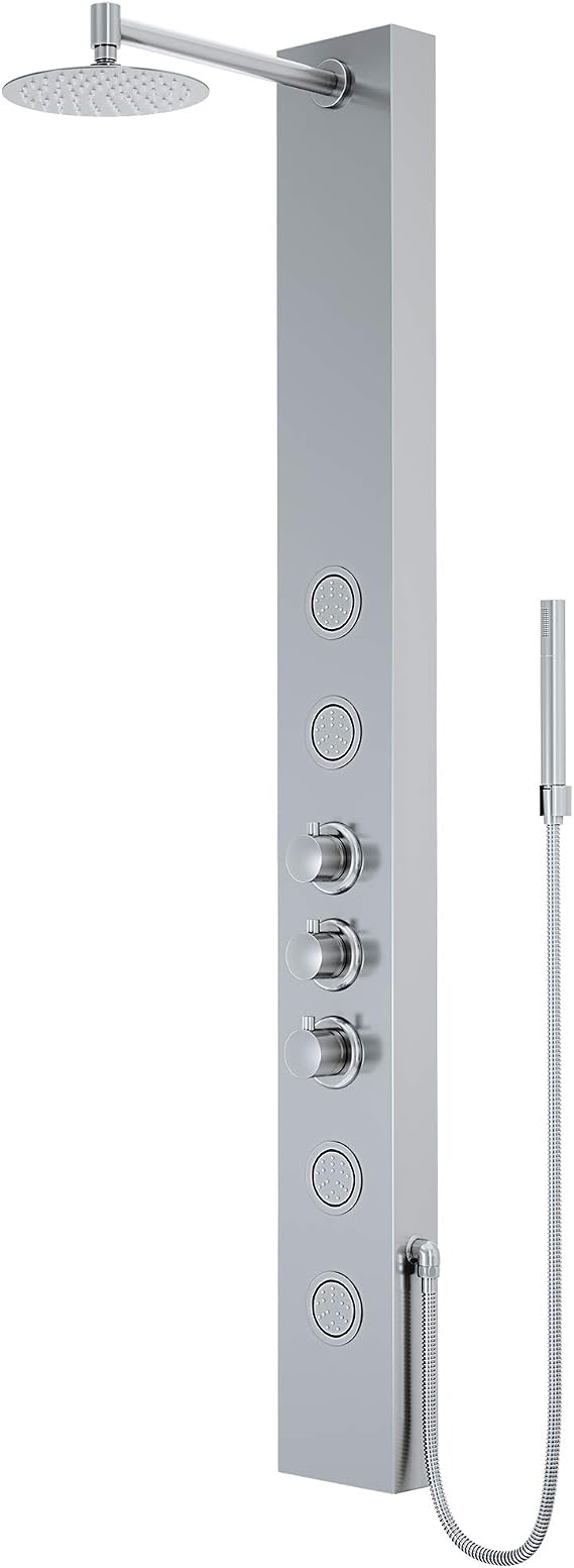 VIGO Ellington 59" H x 6" W 4-Jet Shower Panel System with Adjustable Round Head and Hand Shower in Stainless Steel-VG08013ST