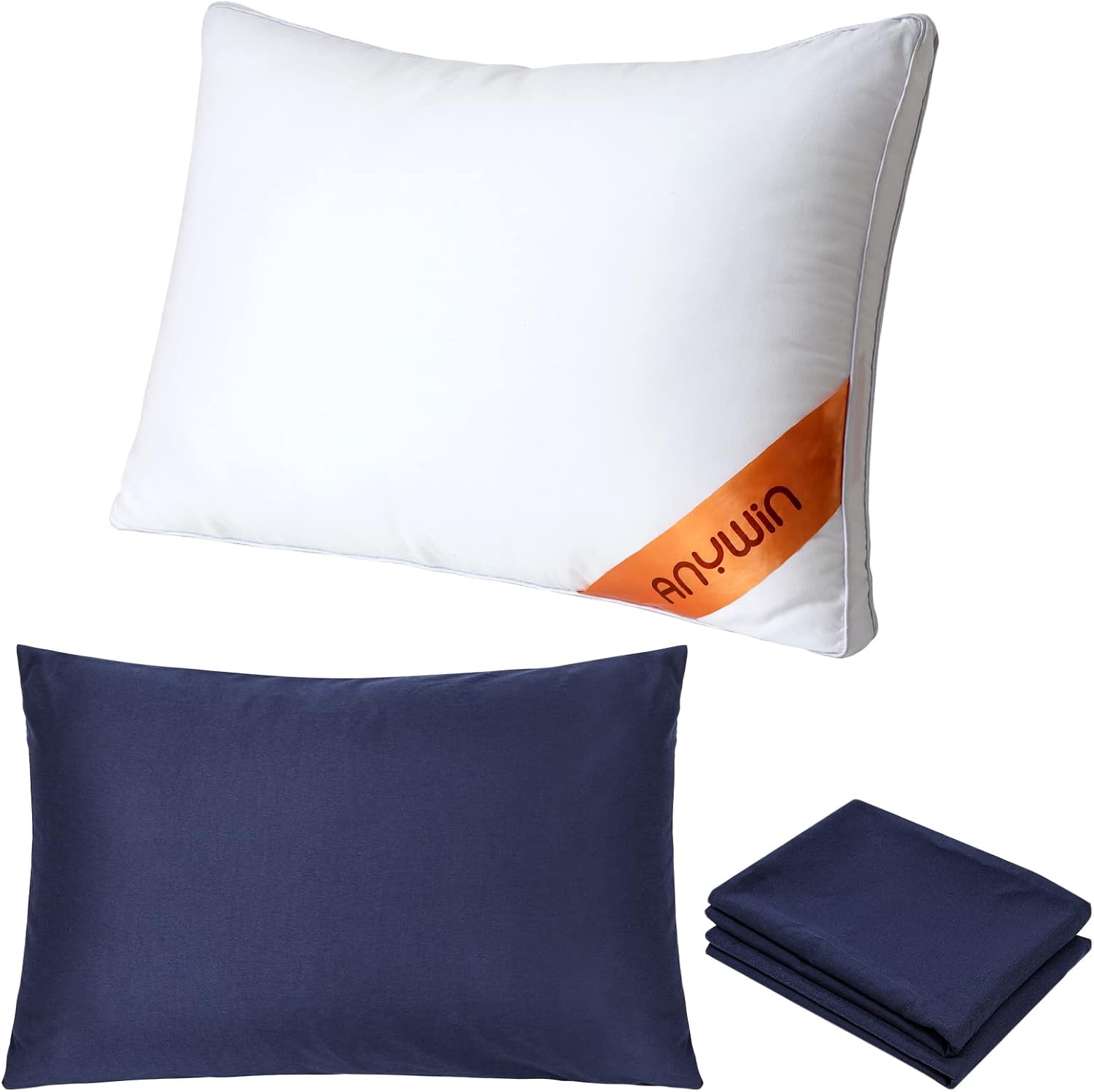 Anywin Pillow with 2 Covers, Hotel Specifications, High Resilience Pillow, Good Sleep, Side Use, Washable, 3D Structure, 24.8 x 16.9 x 7.9 inches 63 x 43 x 20 cm Navy