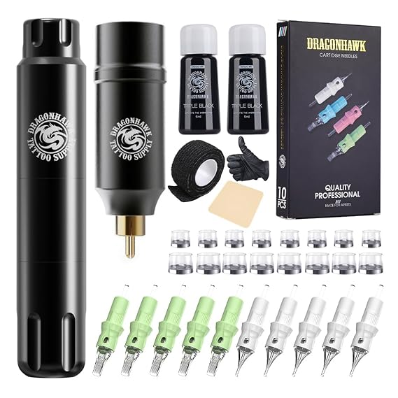 Dragonhawk S12 Wireless Rotary Tattoo Gun Kit 3.0mm Stroke 1100mAh Battery 10 Cartridge Needles Ink Practice Skin for Beginners