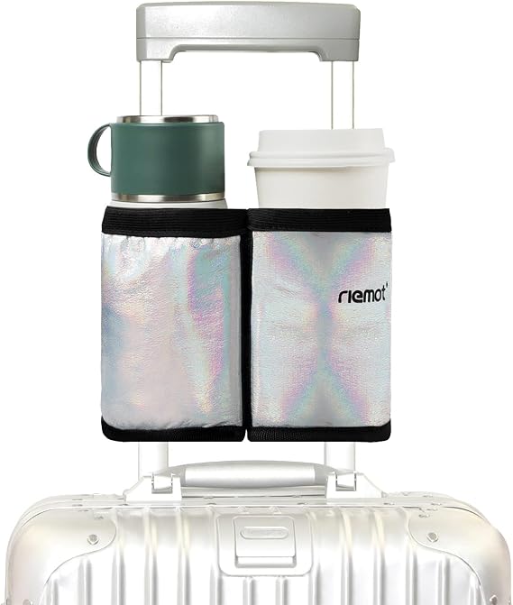 riemot Luggage Travel Cup Holder Free Hand Drink Carrier - Hold Two Coffee Mugs - Fits Roll on Suitcase Handles - Gifts for Flight Attendants Travelers Accessories Glitter Silver
