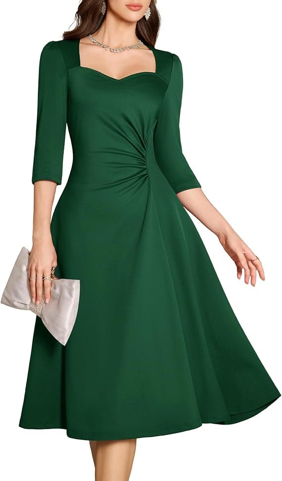 Dressystar Women's Ruched Waist A Line Wedding Guest Dress Spring Wrap Midi Elegant Flowy Formal Cocktail Party Dresses