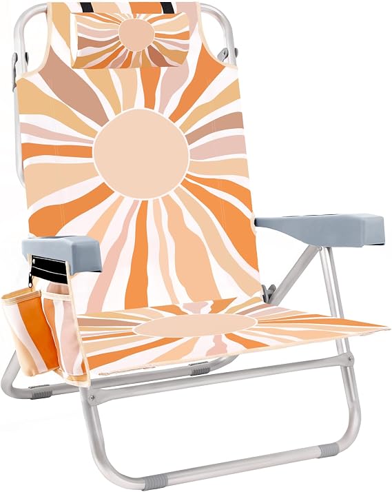 Beach Chair for Adults, 5 Position Lay Flat Backpack Beach Chair with Cooler, Cup Holder and Storage Bag, Portable Folding Heavy Duty Beach Lounger for Outdoor, Lawn, Camping, Festivals-Boho Sun
