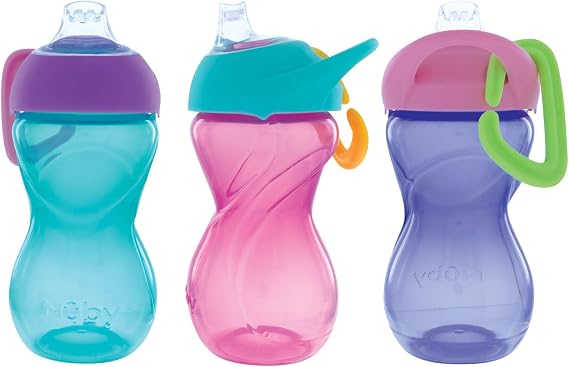 Nuby No-Spill Clik-It Soft Spout Sippy Cup with Carabiner Clip - (3-Pack) 10 oz - Baby Sippy Cup for 6+ Month Old with Easy Grip - Aqua/Pink/Purple