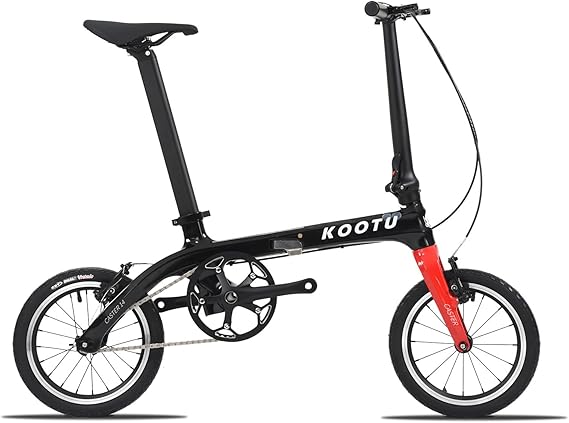 KOOTU Carbon Fiber Folding Bicycle 14-inch Wheel Student Bike One-Touch Folding Bike 6.7 Kg Mini Single-Speed Bike with Bell
