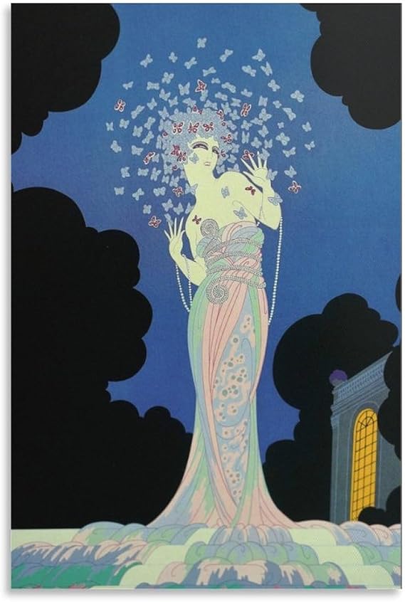 Erte Art Poster, 1987 FANTASIA Surrounded by BUTTERFLIES BUTTERFLY Night Canvas Art Oil Print Poster Canvas Painting Wall Art Poster for Bedroom Living Room Decor 20x30inch(50x75cm) Unframe-style