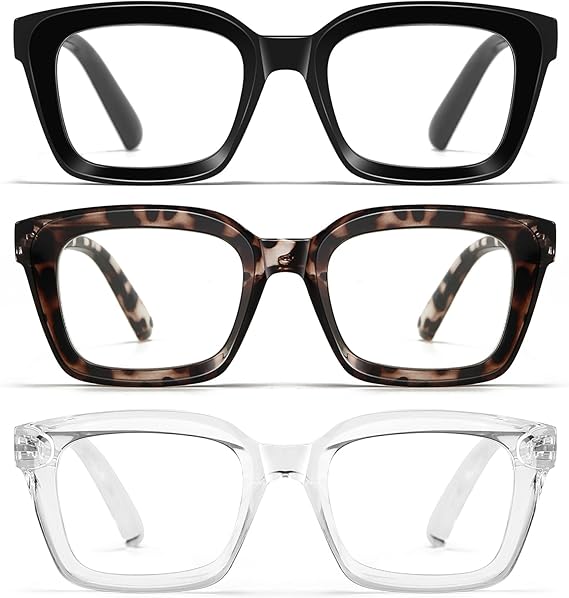 Oversized Reading Glasses for Women - 3 Pack Square Blue Light Readers with Spring Hinge (Black+Leopard+Transparent, 1.5 Diopters)