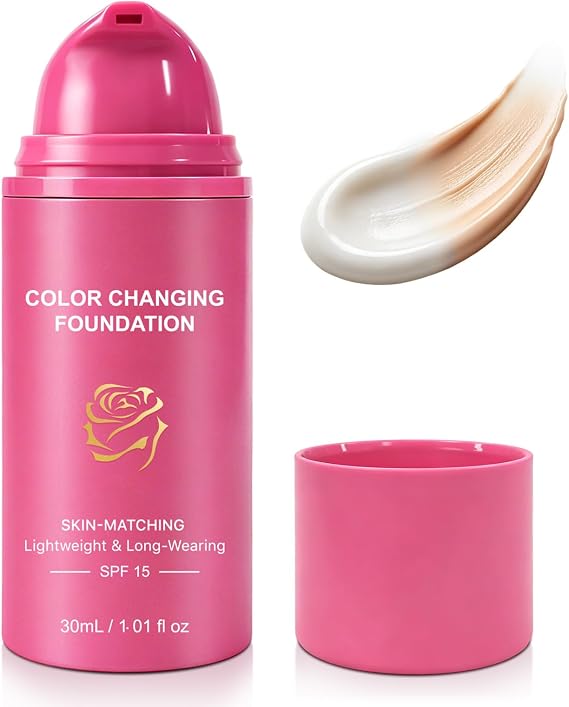 Colour Changing Foundation SPF 15, Natural Dewy Finish, Long Lasting Color Match for Face, Light to Medium Coverage, Skin Tone Adapting Liquid Makeup, Self Adjusting Natural Finish
