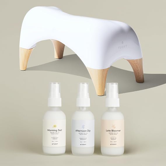 TUSHY Ottoman White Bamboo Tall Toilet Stool & Toilet Spray Variety Pack