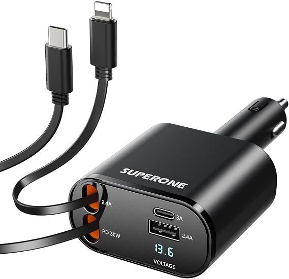 Retractable Car Charger, 4-in-1 Fast Phone Charger Adapter | Dual retractable USB-C and Lightning cables with USB-C and USB-A ports charge up to 4 devices while reducing cable clutter