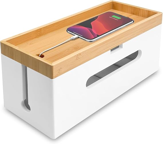 Wooden Cable Box (White/Large) Made of Sustainable Bamboo - Cable Management Box for Tangle Cable Hiding - Socket Box Cable Collector Cable Organiser Box