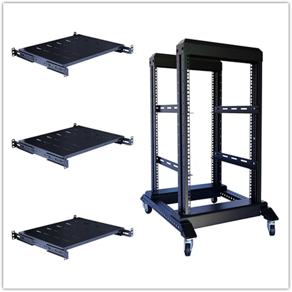 15U 4 Post Open Frame 19inch Server/Audio Steel Rack Deep from 16inch-32inch with Fixed Shelves