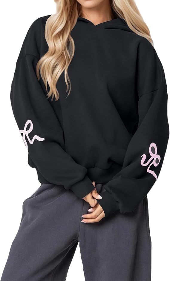 ZWRXW Womens Bow Print Hoodies Oversized Long Sleeve Drop Shoulder Sweatshirts Fall Winter Casual Hooded Pullover Tops