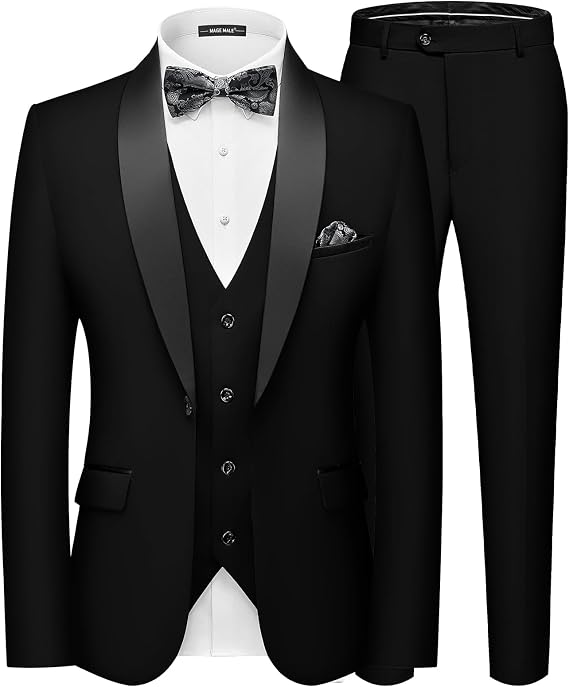 MAGE MALE Men's 3 Piece Tuxedo Suit Slim Fit Blazer Vest Pants Set