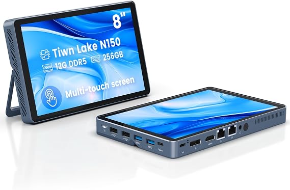 Mini PC N150(up to 3.6GHz), 12GB DDR5 RAM 256GB/512GB/1TB M.2 SSD Mini PC with 8-Inch Touchscreen 4K Dual Display,WIFI6,BT5.2,12 Ports, Portable Micro Computer (N150-12GB+256GB)