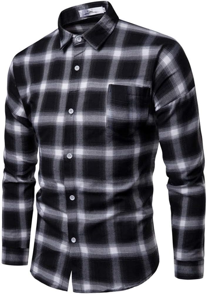 Mens Plaid Shirt, Men's Business Blouse Fashion Leisure Plaid Printing Long Sleeved Shirt Tops Button up Blouse
