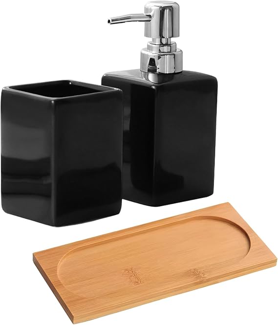 Bathroom Accessory Set, 3 Piece Ceramic Bathroom Set, Luxury Bathroom Accessories, Includes 320 ML Liquid Soap Dispenser, Bathroom Tumbler, Wood Tray, Bath Accessory Kit, Bathroom Decor (Black)