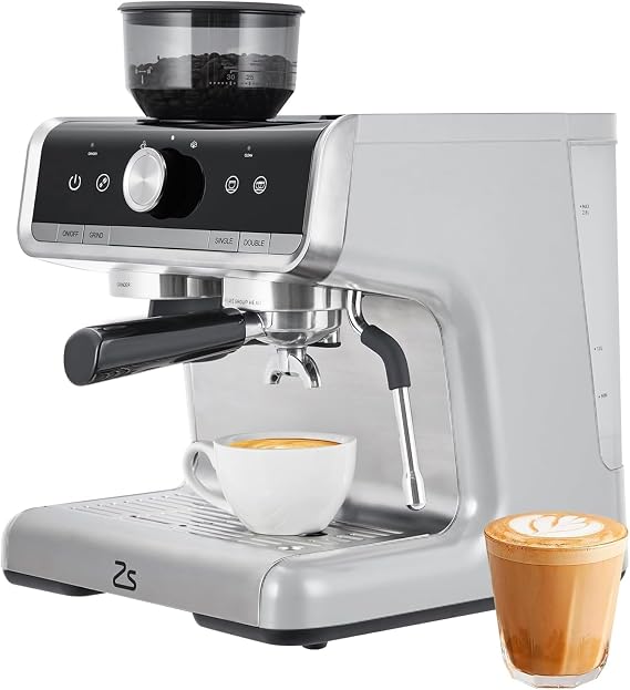 Espresso Coffee Maker with Milk Frother, Brushed Stainless Steel Espresso Machine with Grinder, and Espresso Machine for Home Barista Cuppuccino Machine Use
