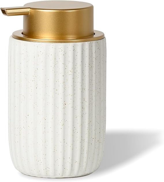 Speckled White Ceramic Foam Dispenser, Rippled Shape Gold Top
