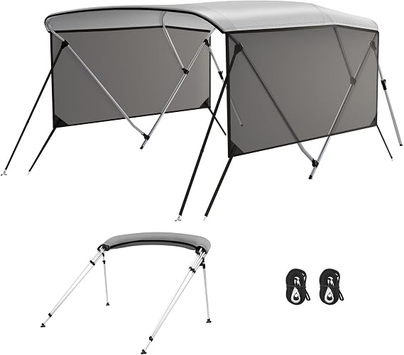 3 Bow Bimini Top Boat Cover with Universal Fit, 6' l x 46" h x 61"-66" w, Grade 600d Waterproof Canopy with Aluminum Frame, UV-Resistant Fabric, Detachable Mesh Sidewalls, Grey