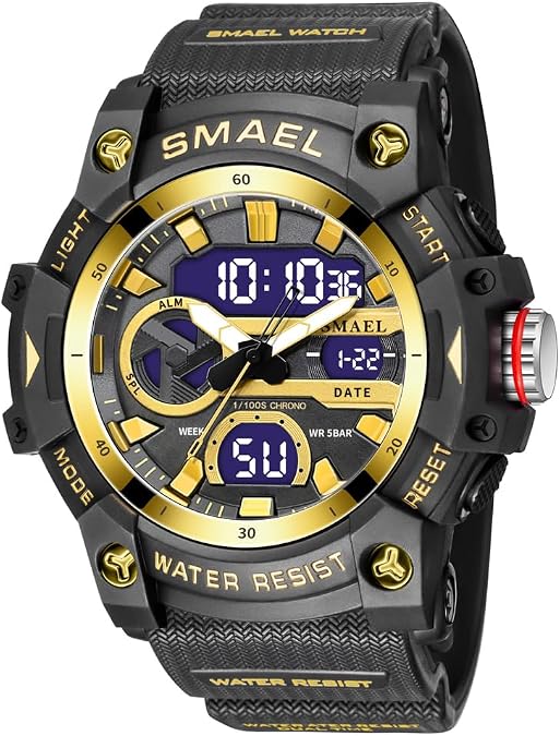 SMAEL Dual Time Display Digital Watch Fashion Sport Quartz Analog Outdoor Waterproof Military Wrist Watch Auto Date Alarm Stopwatch Hour