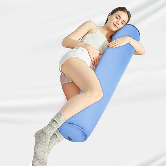 Travel Body Pillow for Adults, Inflatable Travel Pillows, Multifunctional Side Sleeper Pillows, Round Bolster Pillow for Bed (Blue)