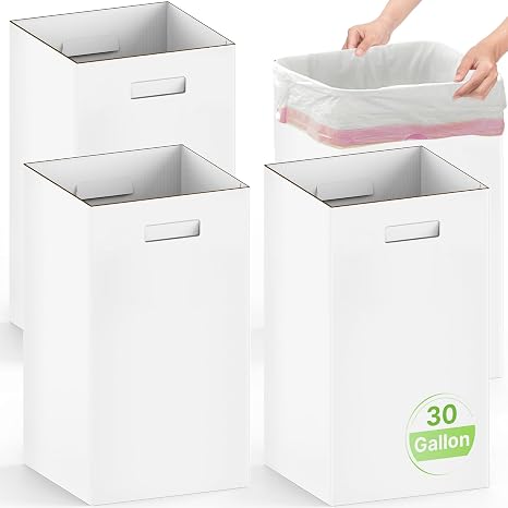 4 Pack 30 Gallon Corrugated Cardboard Disposable Trash Cans, White