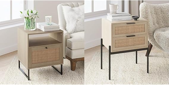 Nathan James Mina Rattan Wood End Side Accent Table Nightstand & Andrew Nightstand, Accent Bedside End Side Table with Storage Drawer